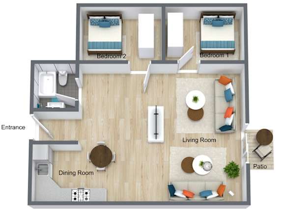 a 2 bedroom floor plan with a living room and a dining room