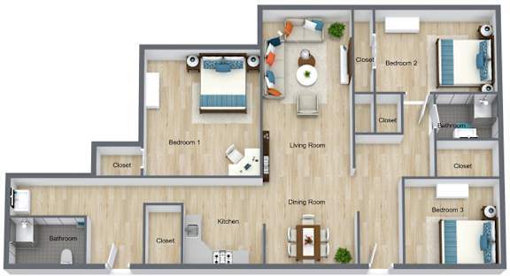 A floor plan of a house with three bedrooms, a living room, a dining room, a kitchen, and two bathrooms.