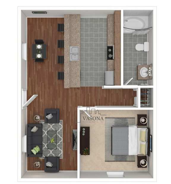A floor plan of a room with a kitchen, living room, and bathroom.