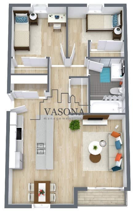 A floor plan of an apartment with a living room, kitchen, and two bedrooms.