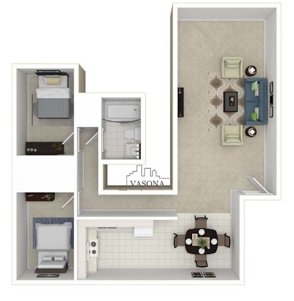 A floor plan of an apartment with a kitchen, living room, and bathroom.