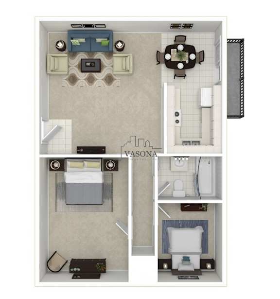 A floor plan of a Vasona apartment with a kitchen, living room, and bathroom.