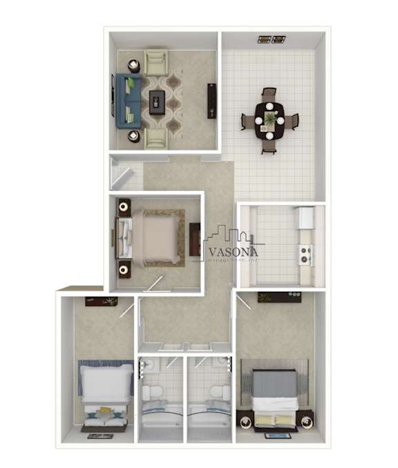 A floor plan of an apartment with a kitchen, living room, dining room, and bathroom.