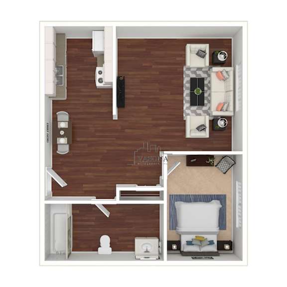 A top-down view of a small apartment with a bedroom, living room, and kitchen.
