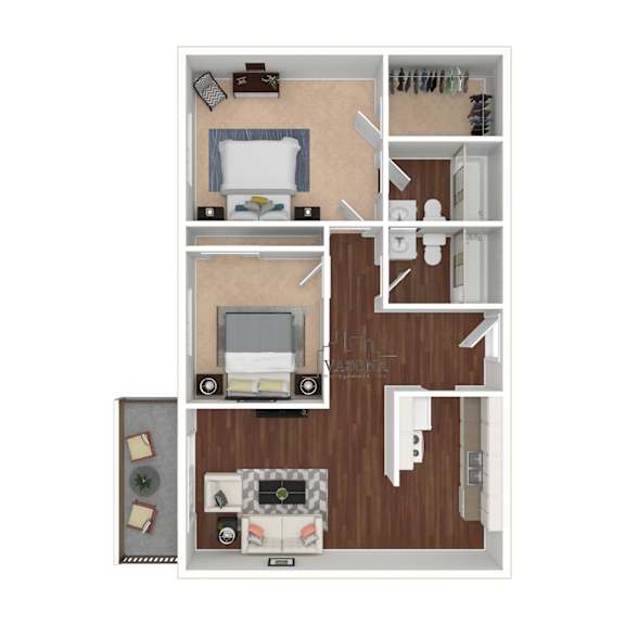 A top-down view of a small apartment layout with a living room, kitchen, and bedroom.