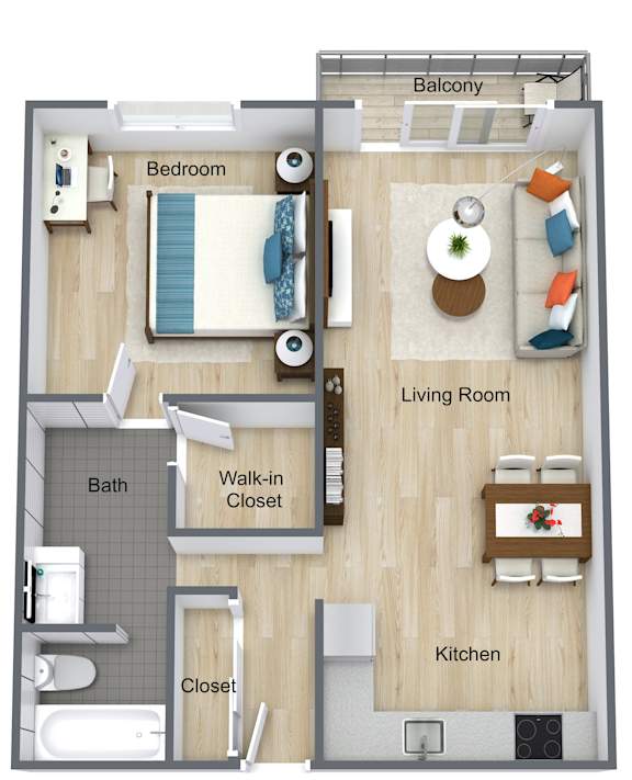 A floor plan of a small apartment with a bedroom, living room, kitchen, and bathroom.