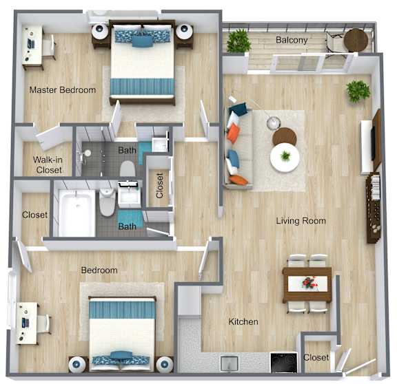 A floor plan of a house showing a master bedroom, living room, kitchen, and two bathrooms.