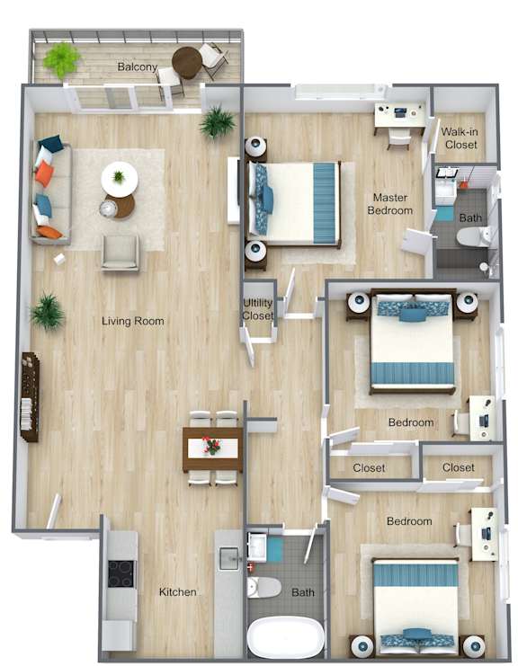A floor plan of an apartment with a living room, kitchen, and three bedrooms.