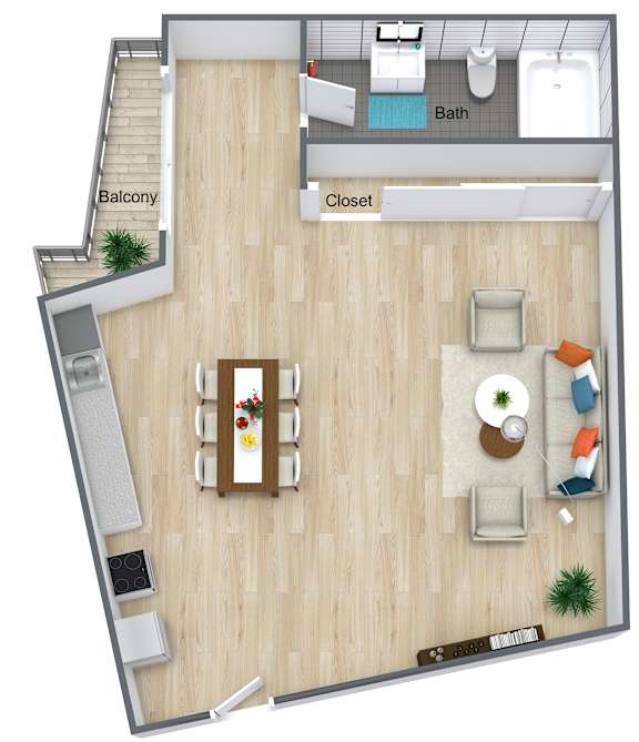 A top-down view of a small apartment with a balcony, bathroom, and living room.