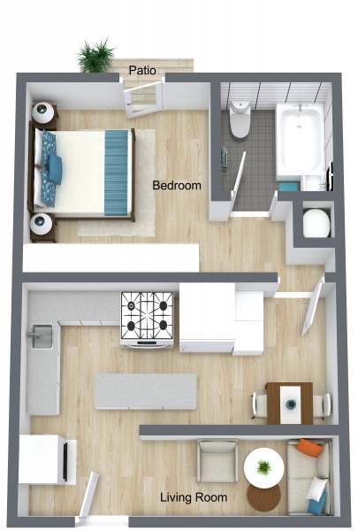 a stylized floor plan of a bedroom with a bathroom and living room