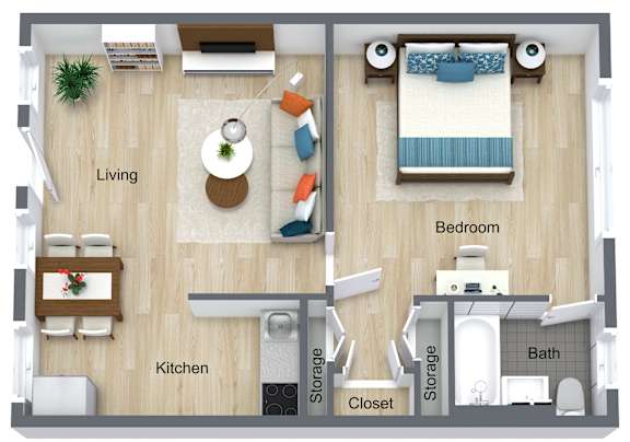 A floor plan of a small apartment with a living room, kitchen, bedroom, bathroom, and storage closet.