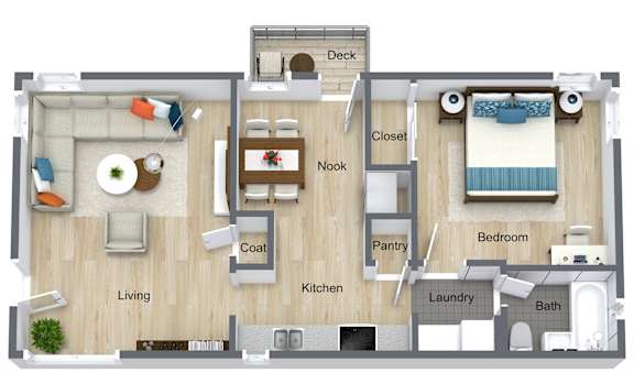 A floor plan of a small apartment with a living room, kitchen, pantry, laundry, bedroom, and bathroom.