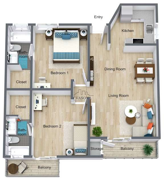 A floor plan of an apartment with two bedrooms, a living room, a dining room, a kitchen, a bathroom, a balcony, a storage area, and a closet.