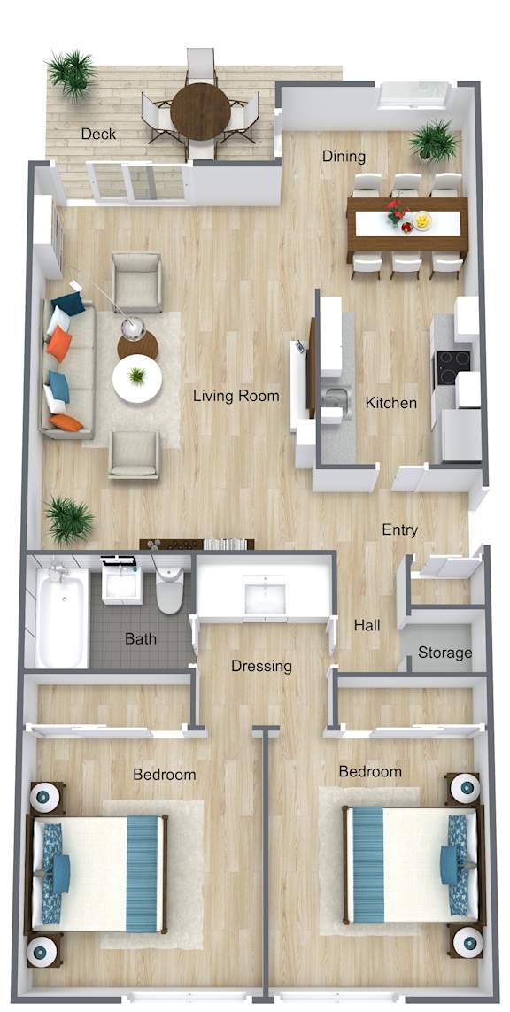 A floor plan of a house with two bedrooms, a living room, a kitchen, a dining room, a bathroom, a dressing area, and a storage space.