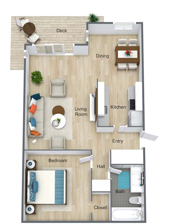 A floor plan of a house showing a living room, kitchen, dining room, bedroom, and bathroom.
