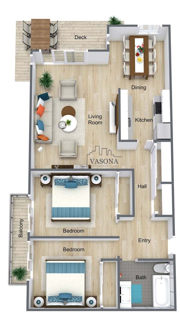 A floor plan of a house with a deck, dining area, living room, kitchen, and bathroom.