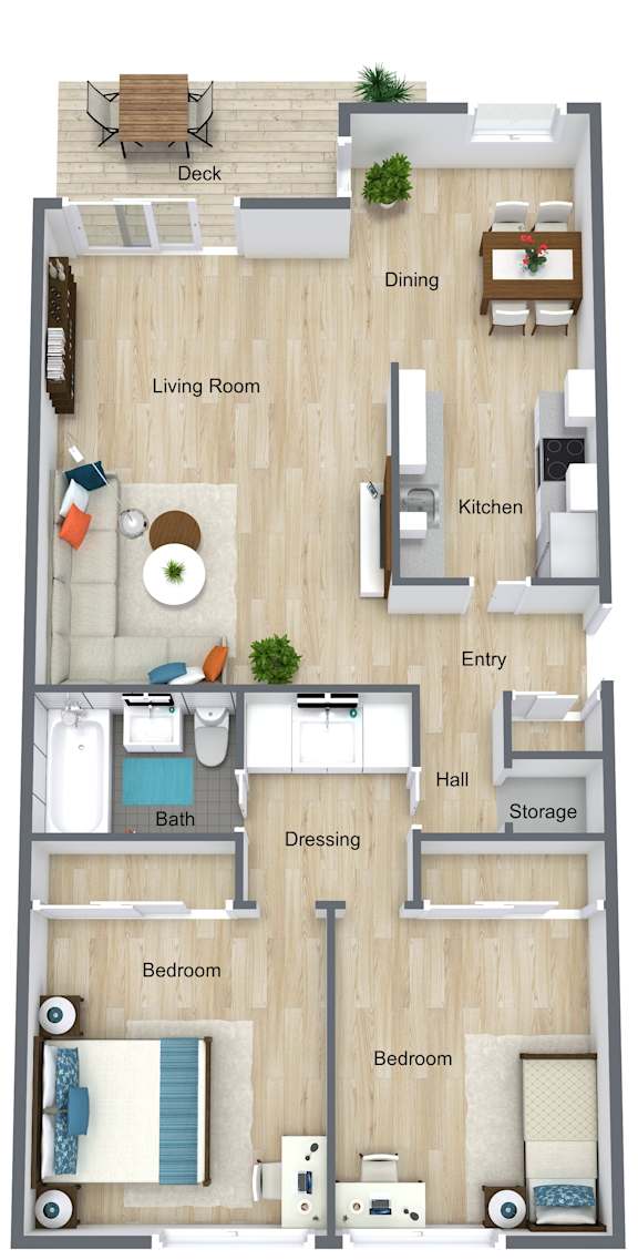 A floor plan of a small apartment with a living room, kitchen, two bedrooms, a bathroom, and a deck.
