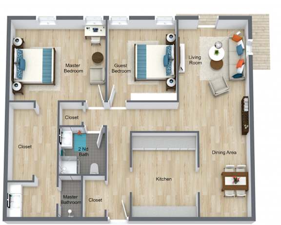 a stylized floor plan with a bedroom and a living room