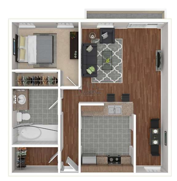A top-down view of a bathroom layout with a bathtub, toilet, sink, and a mirror.