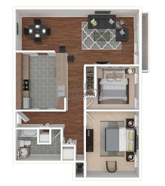 A floor plan of a small apartment with a kitchen, living room, and two bedrooms.