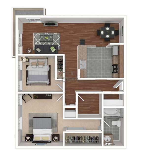 A top-down view of a house layout with a kitchen, living room, and bedrooms.