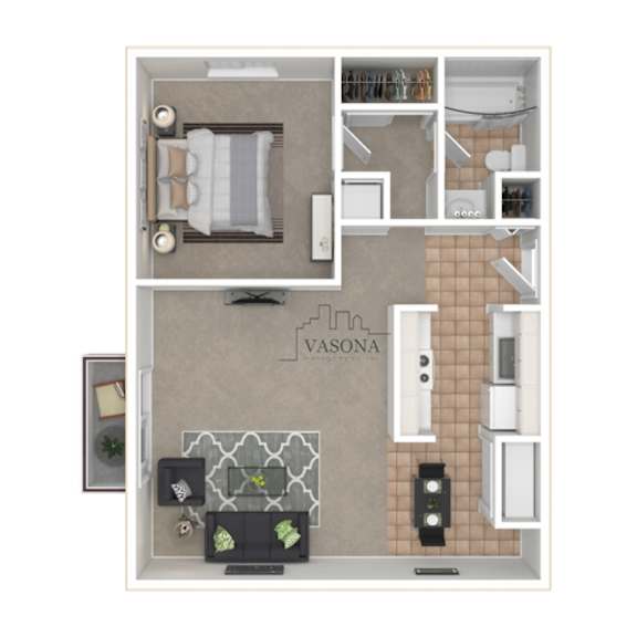 A floor plan of a room with a living area, dining area, kitchen, and bathroom.