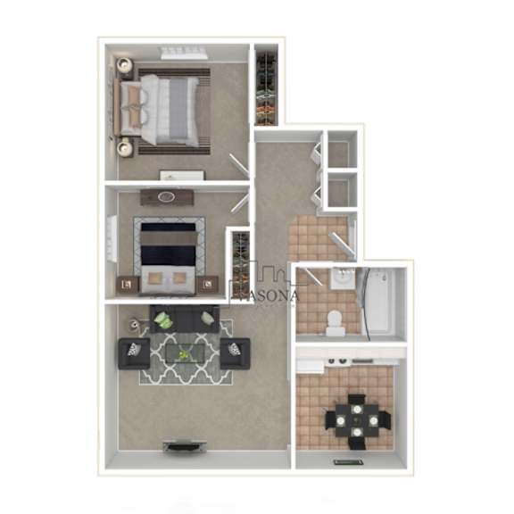 A floor plan of a small apartment with a kitchen, living room, and bathroom.