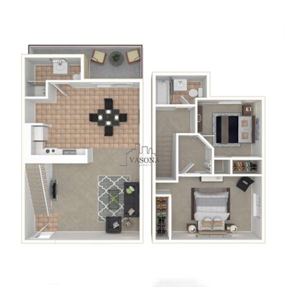 A floor plan of a Vasona apartment with two bedrooms, a living room, a kitchen, and a bathroom.