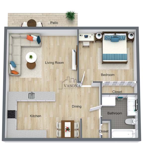 A floor plan of a VASONA apartment showing a living room, dining area, kitchen, bedroom, bathroom, and closet.