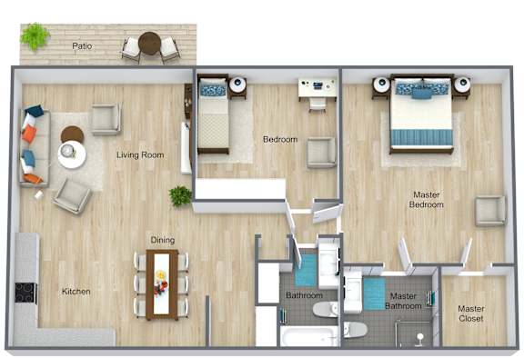 A floor plan of a house showing a living room, dining room, kitchen, and three bedrooms.