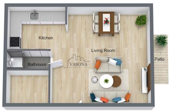 A floor plan of a Vasona apartment showing a kitchen, living room, bathroom, and patio.