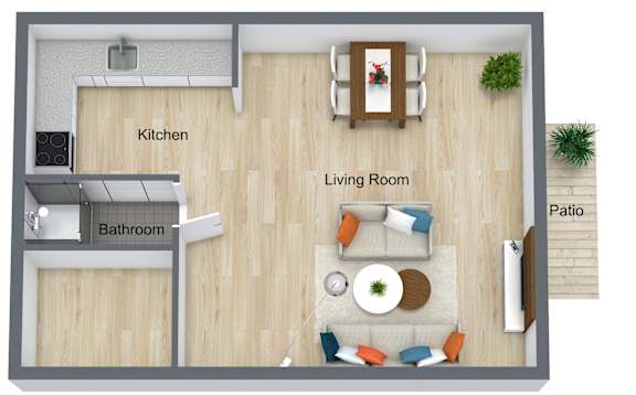 A top-down view of a living space with a kitchen, bathroom, and living room.