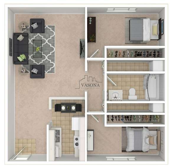 A floor plan of a small apartment with a kitchen, living room, and bathroom.
