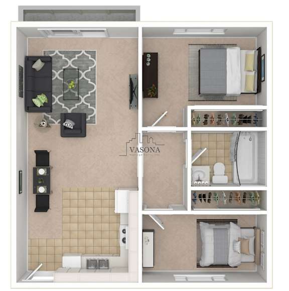 A Vasona branded bathroom layout with a toilet, sink, and mirror.