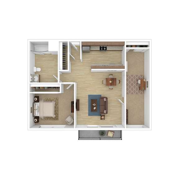 a bedroom floor plan with a bathroom and a living room