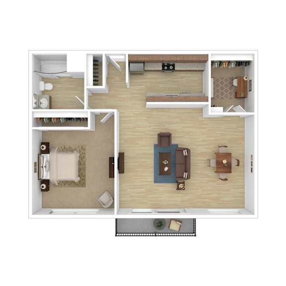 a stylized floor plan with a bedroom and a living room