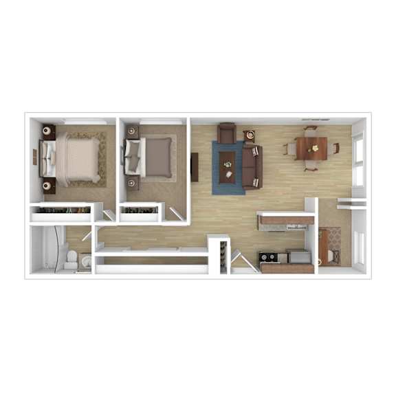 a bedroom floor plan with a bathroom and a living room