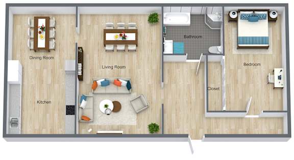 A floor plan of a small apartment with a kitchen, living room, and bedroom.
