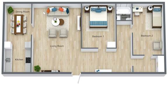 A floor plan of a house with a dining room, living room, kitchen, and two bedrooms.