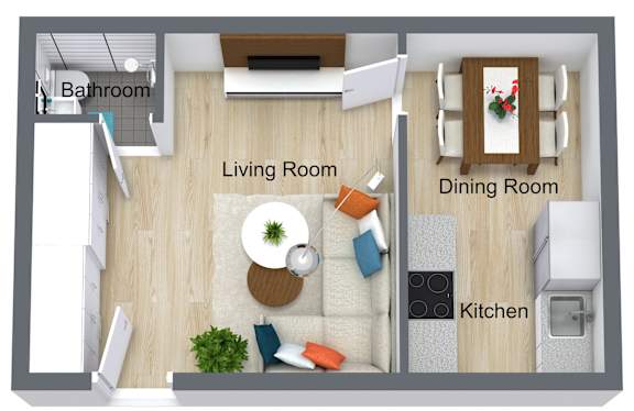 A top down view of a small apartment with a living room, dining room, kitchen and bathroom.