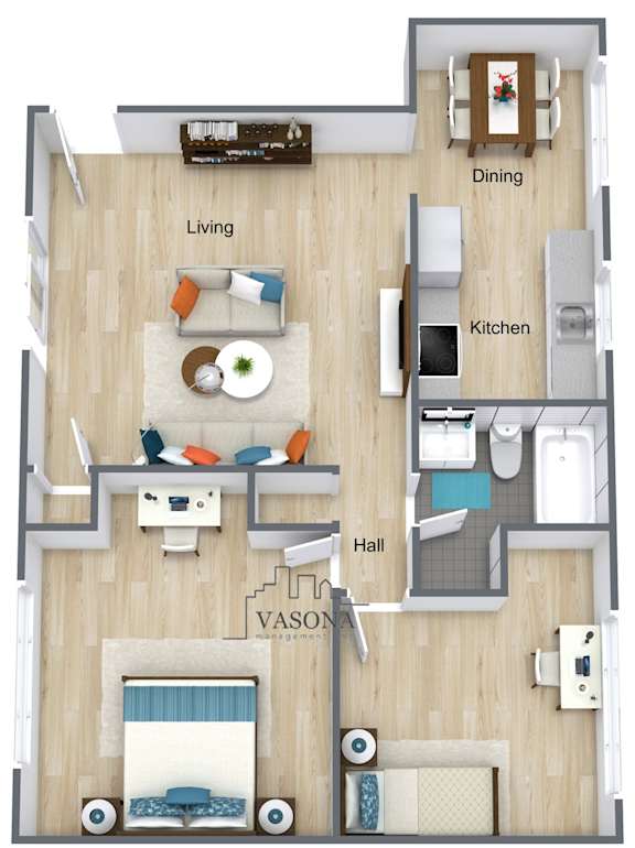A floor plan of an apartment with a living room, dining room, kitchen, hall, and bedroom.