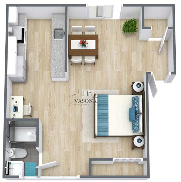 A floor plan of a room with a bed, desk, and chair.