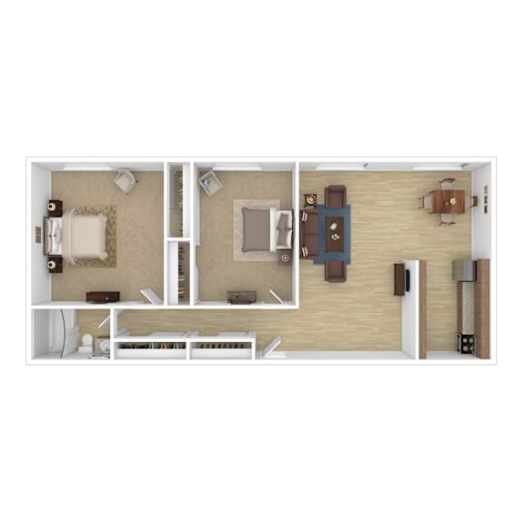 a stylized floor plan with a bedroom and a living room