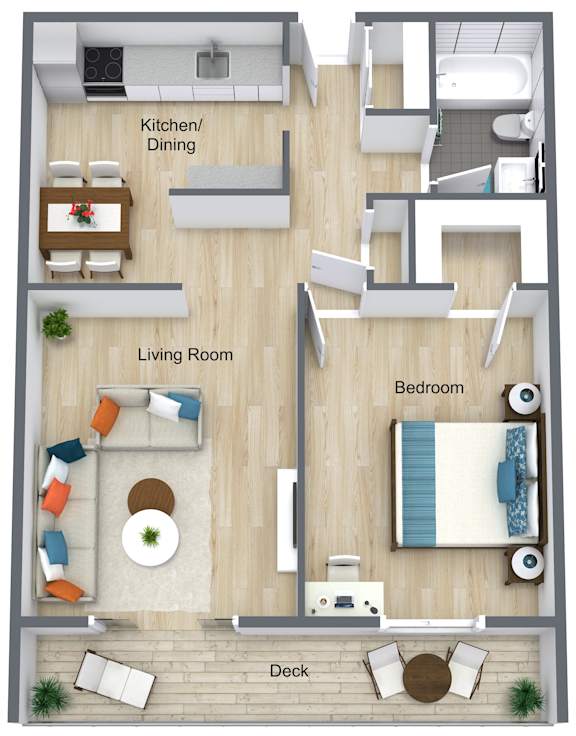 Floor Plan  A floor plan of a house showing a kitchen, dining room, living room, bedroom, and deck.