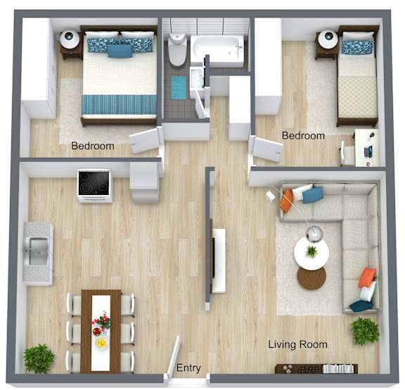 A diagram shows a living room, two bedrooms, and an entry way.