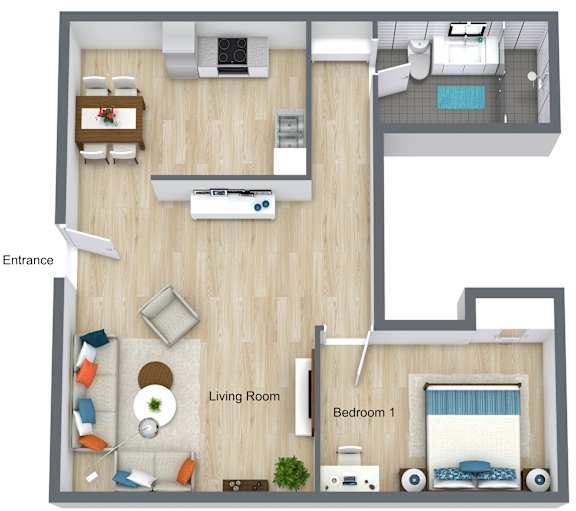 A floor plan of a house with a living room, two bedrooms, and a bathroom.