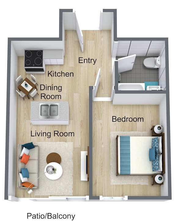 A diagram of a small apartment with a living room, dining room, kitchen, and bedroom.