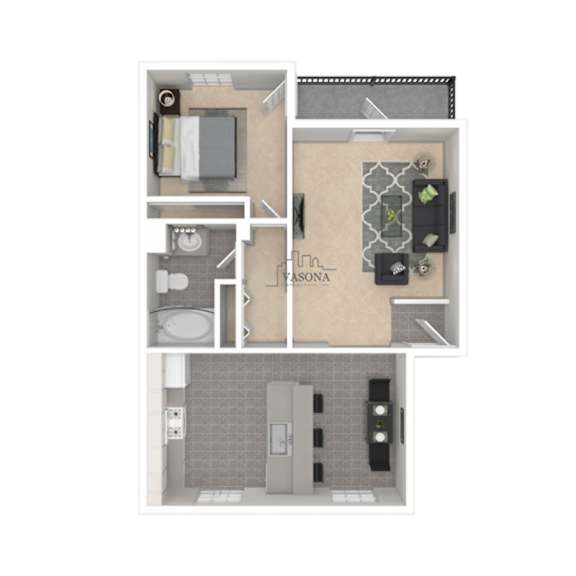 A floor plan of a small apartment with a kitchen, living room, and bathroom.