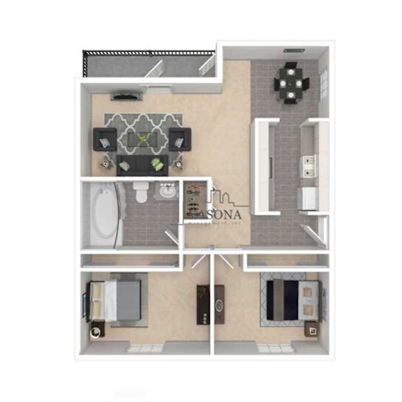 A floor plan of a small apartment with a kitchen, living room, and bathroom.