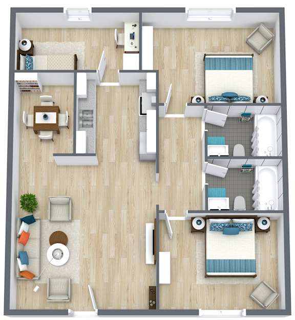 A floor plan of a house with a living room, dining room, kitchen, and two bedrooms.